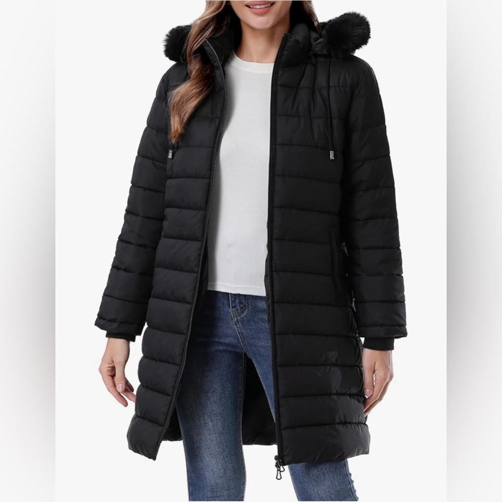 Women's Waterproof Long Jacket, Warm Winter Hooded Puffer Coat, Black, L